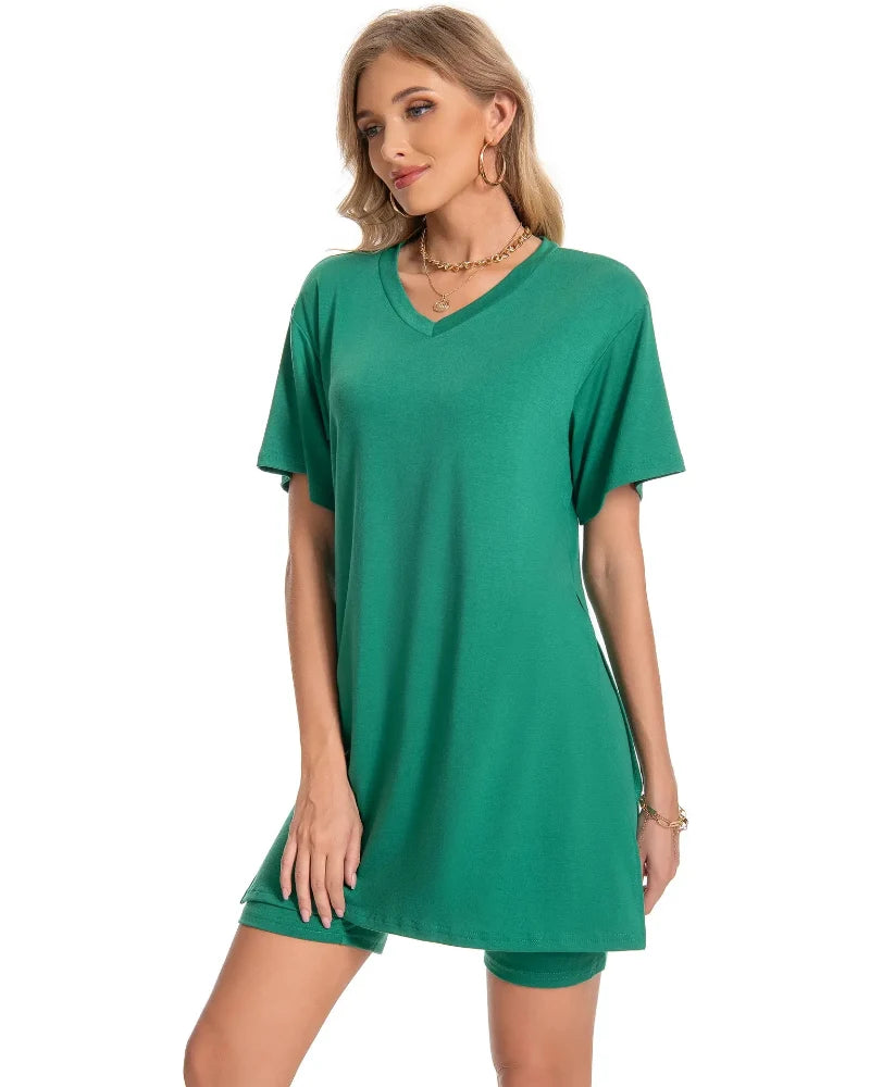 Women Summer Lounge Set Oversized Tee Biker Shorts Reversible Tracksuit
