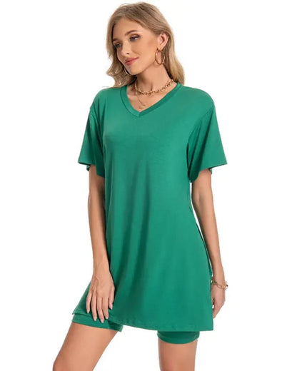 Women Summer Lounge Set Oversized Tee Biker Shorts Reversible Tracksuit