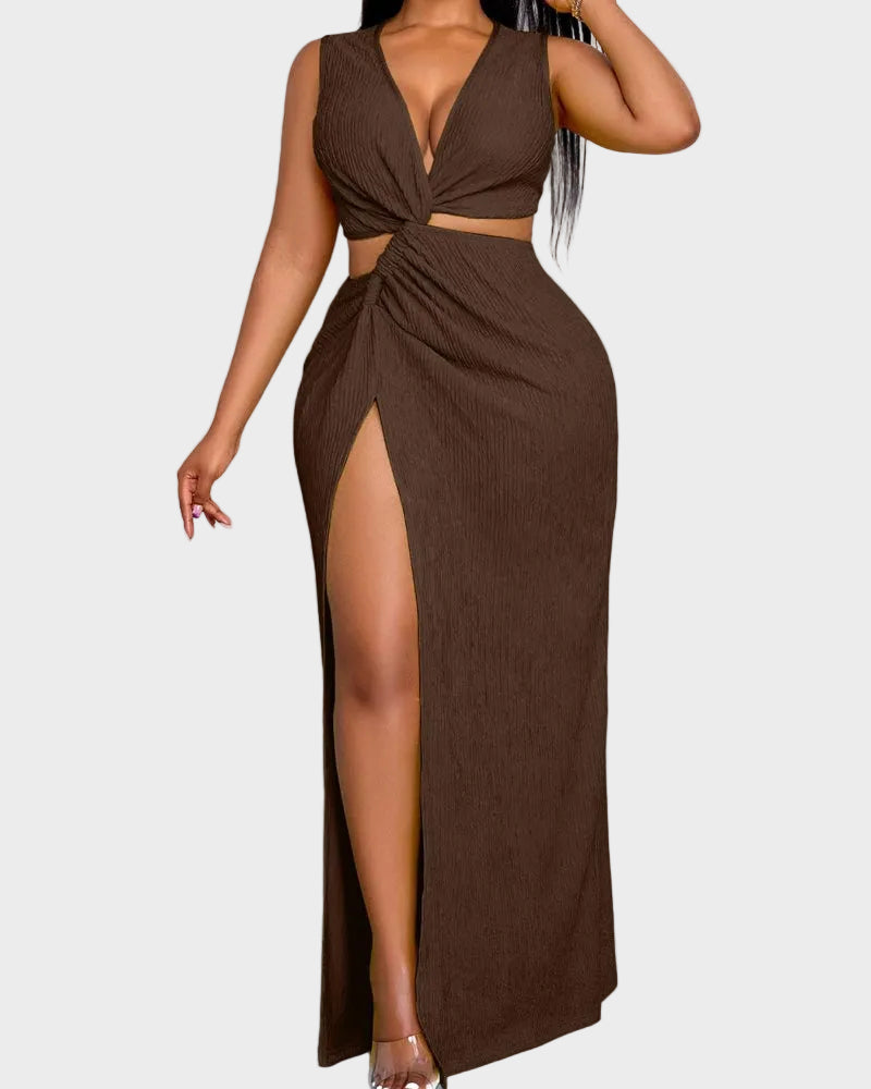 Plus Size Summer Deep V Neck Sleeveless Knot Slit Bodycon Dress