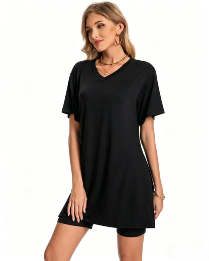 Women Summer Lounge Set Oversized Tee Biker Shorts Reversible Tracksuit