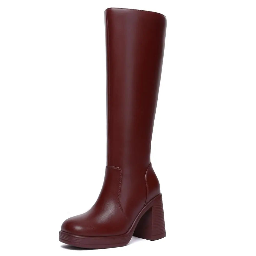 Women's Platform Knee-High Boots – Square Toe Chunky Heel