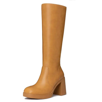 Women's Platform Knee-High Boots – Square Toe Chunky Heel